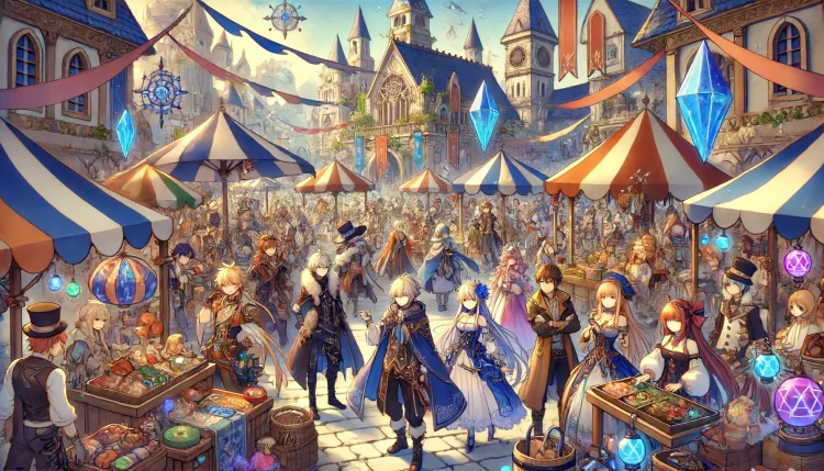 DALL·E 2024-06-13 14.44.16 – An anime scene in a fantasy setting featuring original characters in a bustling marketplace. The marketplace is filled with colorful stalls, vendors s