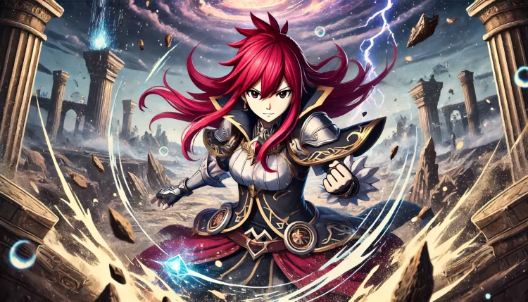 DALL·E 2024-06-14 11.20.54 – An anime scene in a fantasy setting featuring a strong female warrior character with red hair similar to Erza from Fairy Tail. The character is seen i